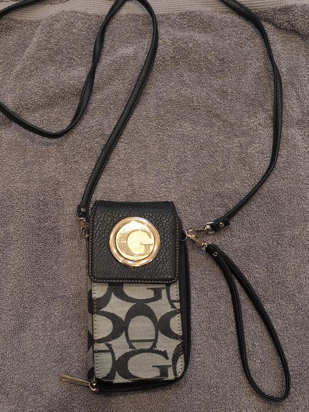 Gucci Black and Gray Signature Crossbody Phone Case with Gold Accent